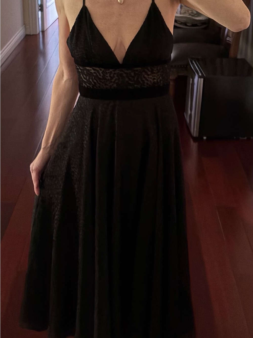 Jay Godfrey Black V-Neck Spaghetti Strap Midi Dress with Sheer burnout velvet